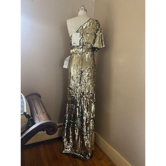 Mac Duggal Gold Sequin One Shoulder High Slit Evening Gown Dress sz 10 NWT $698 - Picture 11 of 12